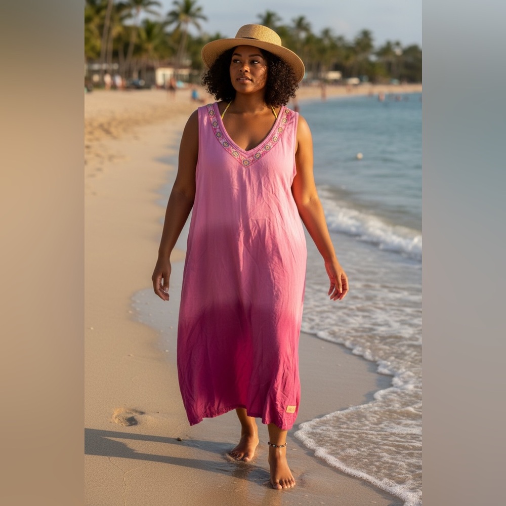 Sunshine Raised Pink Ombre Boho Dress Embroidered Neckline Sleeveless L/XL